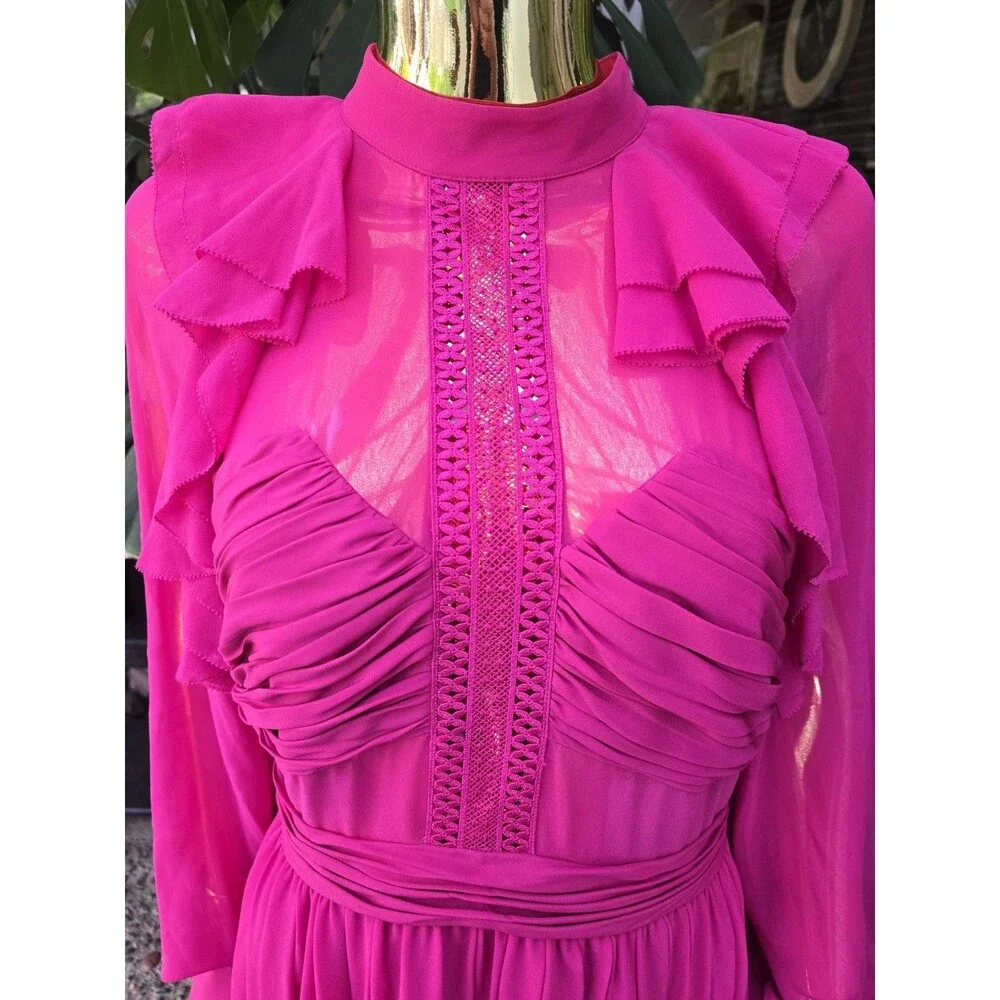 Self-Portrait Fuchsia Pink Chiffon Ruffle Lace Midi Dress Long Sleeve US 8 UK 12